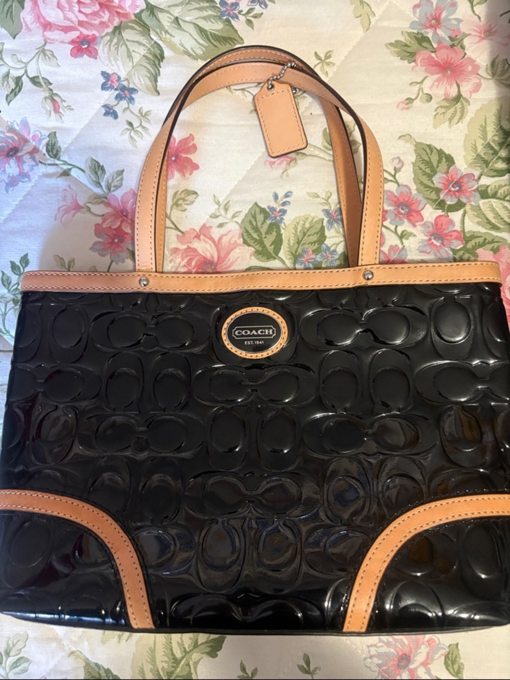 Coach Black Patent Tote with Tan Leather Accents